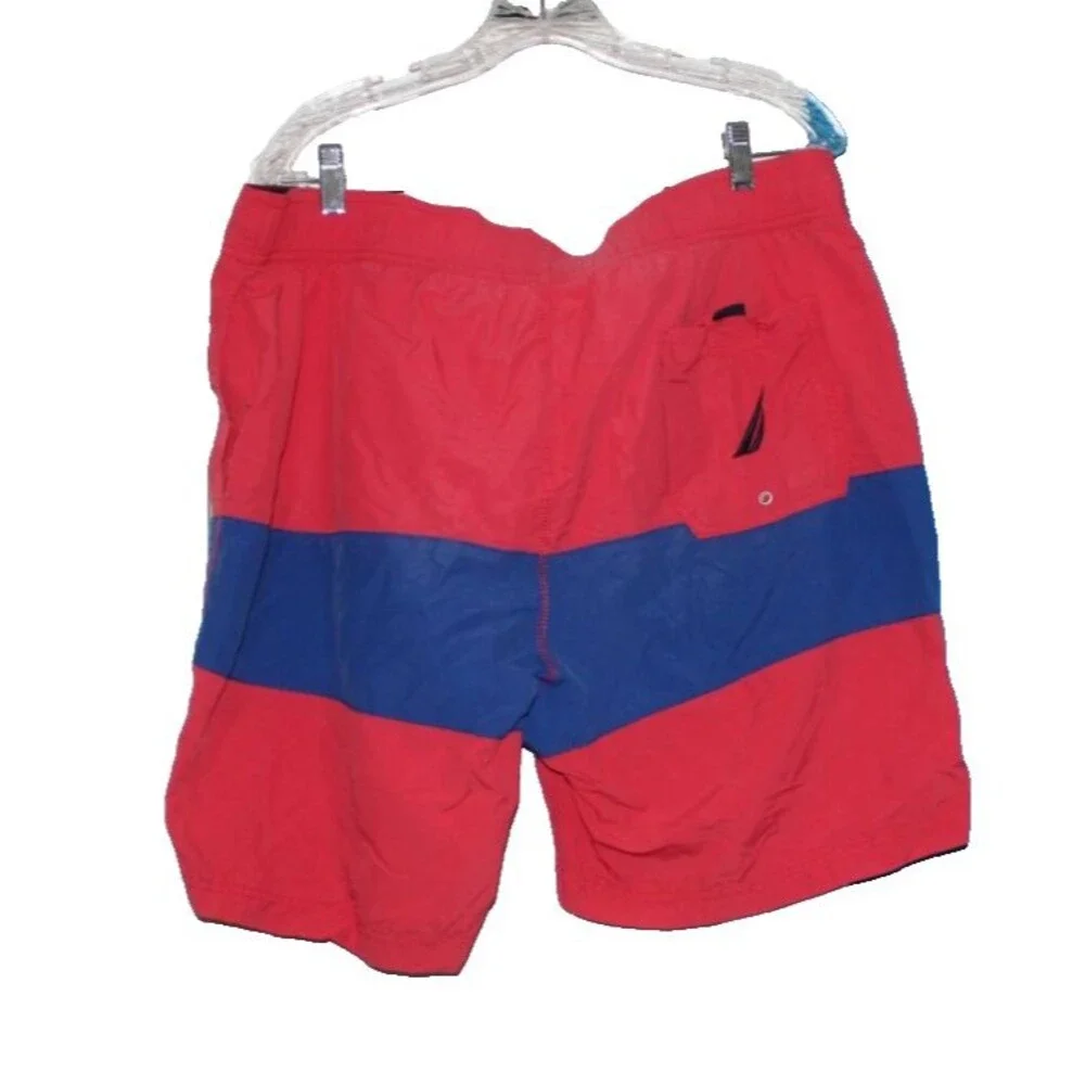 Men's Nautica Size XL Blue Red Color Block Pockets Drawstring Nylon Swim Trunks